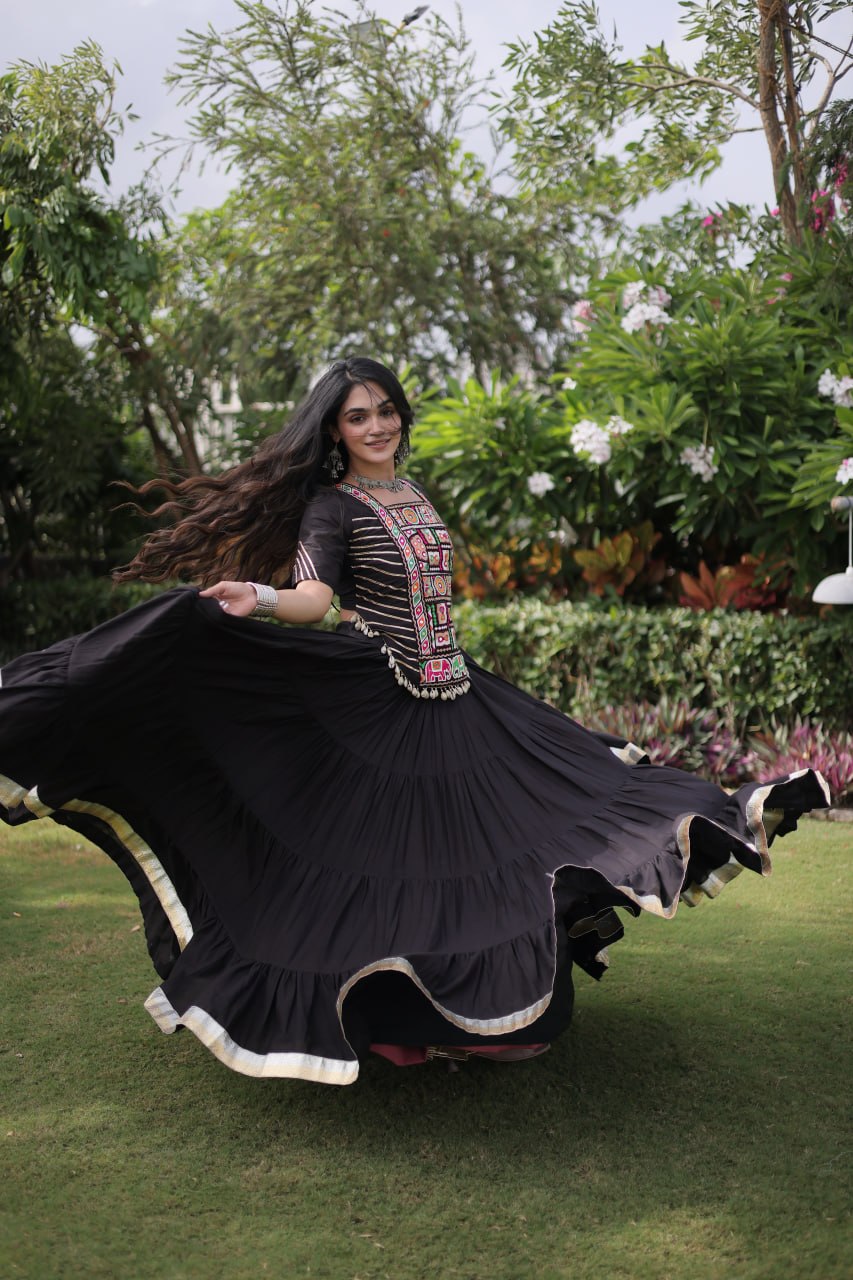 Black Kora Cotton Kutchi Work Lehenga Choli Set