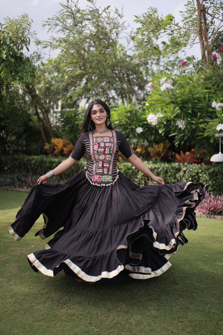 Black Kora Cotton Kutchi Work Lehenga Choli Set