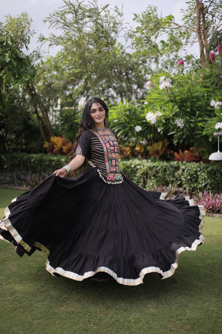 Black Kora Cotton Kutchi Work Lehenga Choli Set