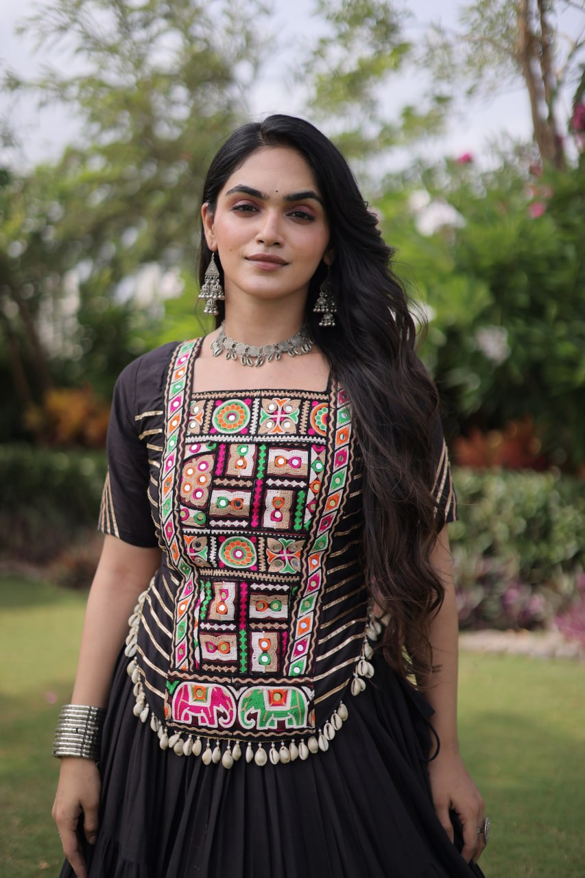 Black Kora Cotton Kutchi Work Lehenga Choli Set