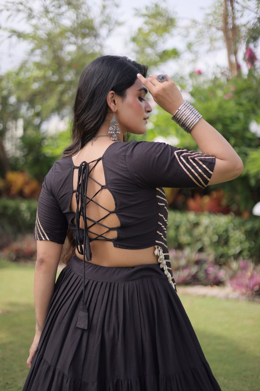 Black Kora Cotton Kutchi Work Lehenga Choli Set