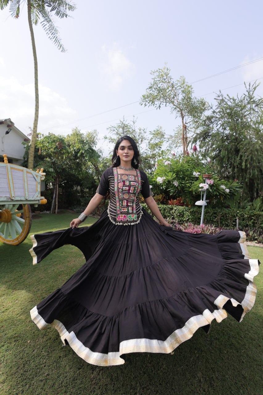 Black Kora Cotton Kutchi Work Lehenga Choli Set
