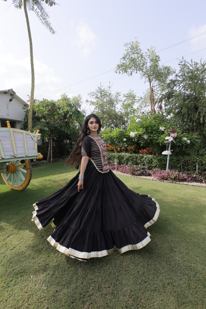 Black Kora Cotton Kutchi Work Lehenga Choli Set