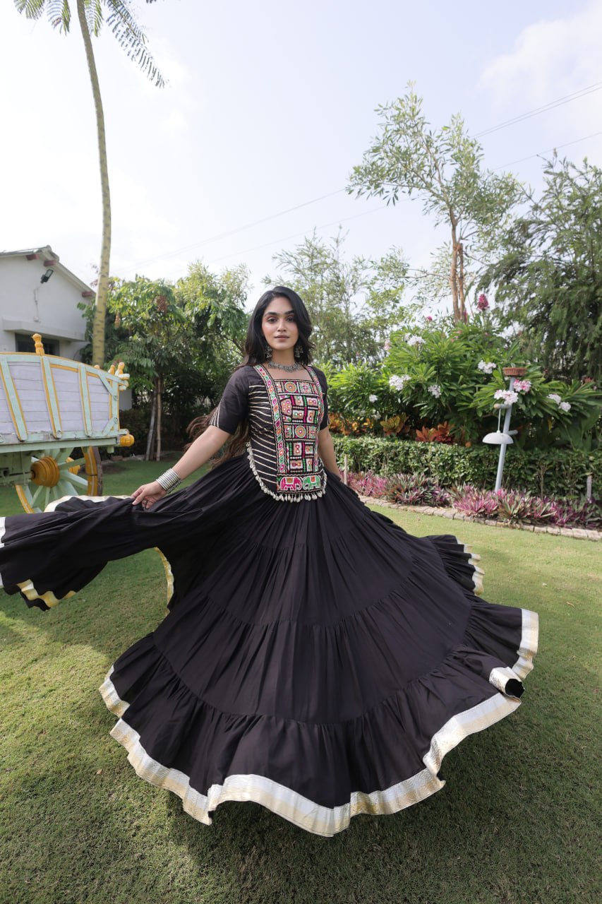 Black Kora Cotton Kutchi Work Lehenga Choli Set