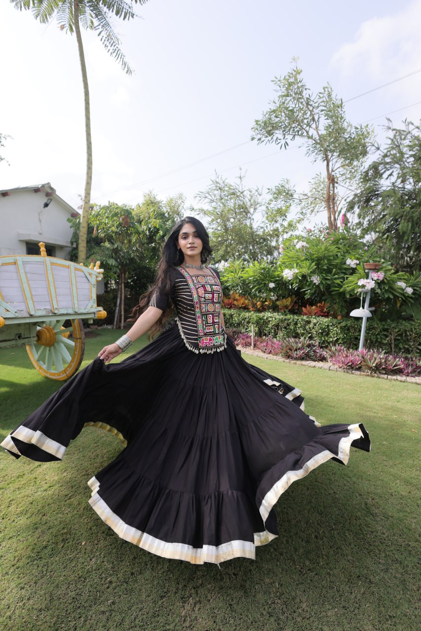 Black Kora Cotton Kutchi Work Lehenga Choli Set