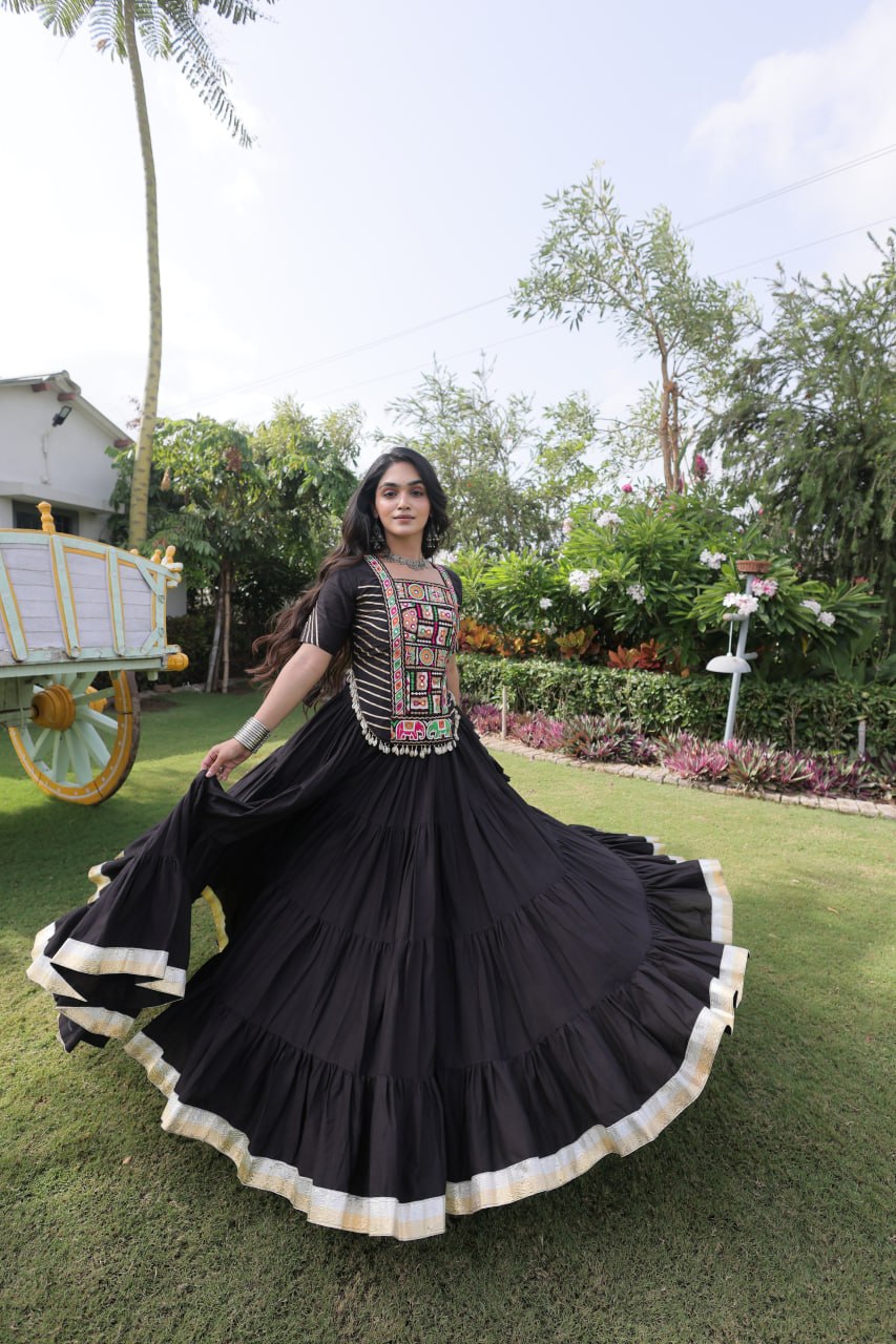Black Kora Cotton Kutchi Work Lehenga Choli Set