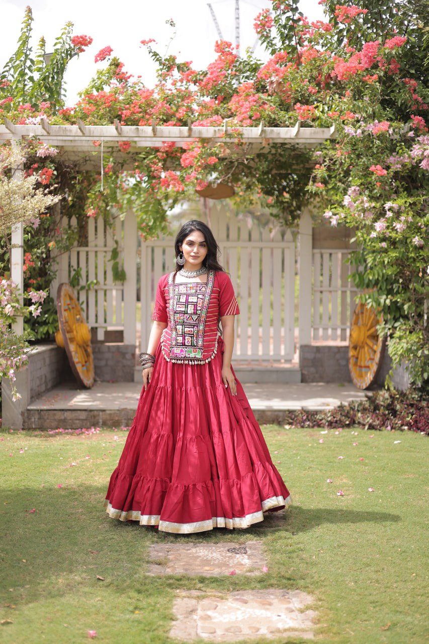 Red Kora Cotton Kutchi Work Lehenga Choli Set