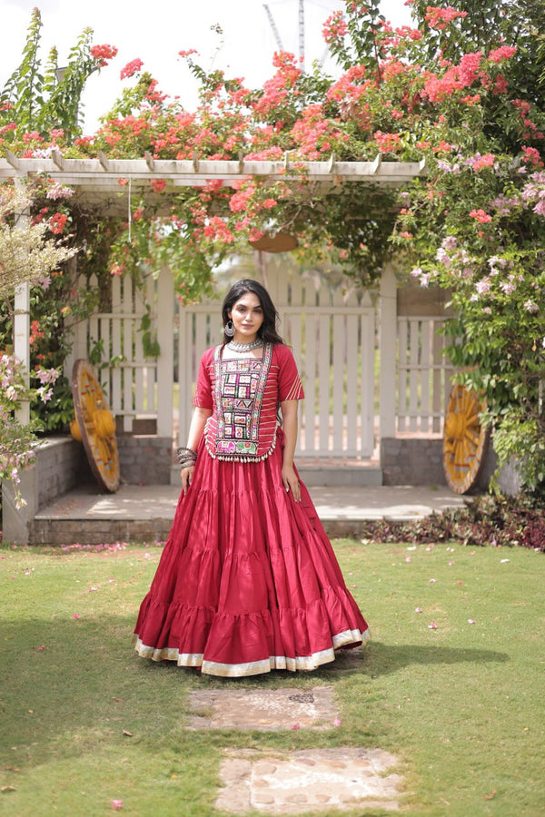Pink Kora Cotton Kutchi Work Lehenga Choli Set