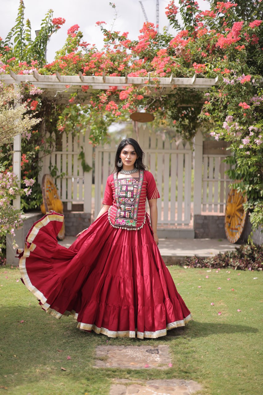 Red Kora Cotton Kutchi Work Lehenga Choli Set