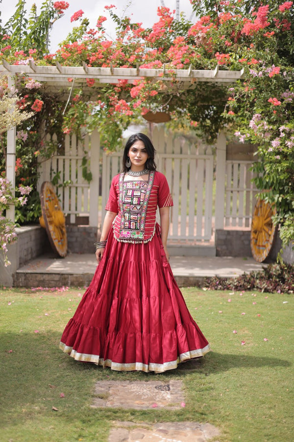 Red Kora Cotton Kutchi Work Lehenga Choli Set