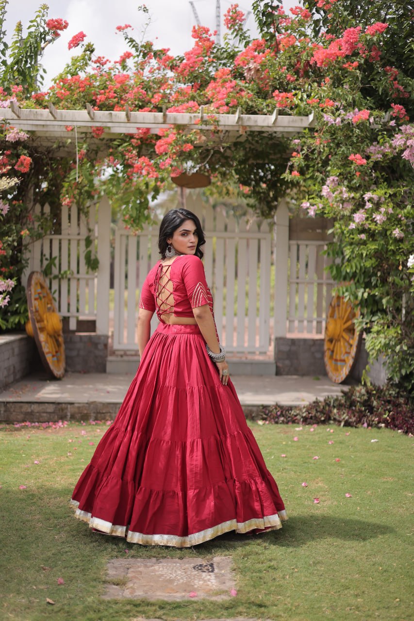 Red Kora Cotton Kutchi Work Lehenga Choli Set
