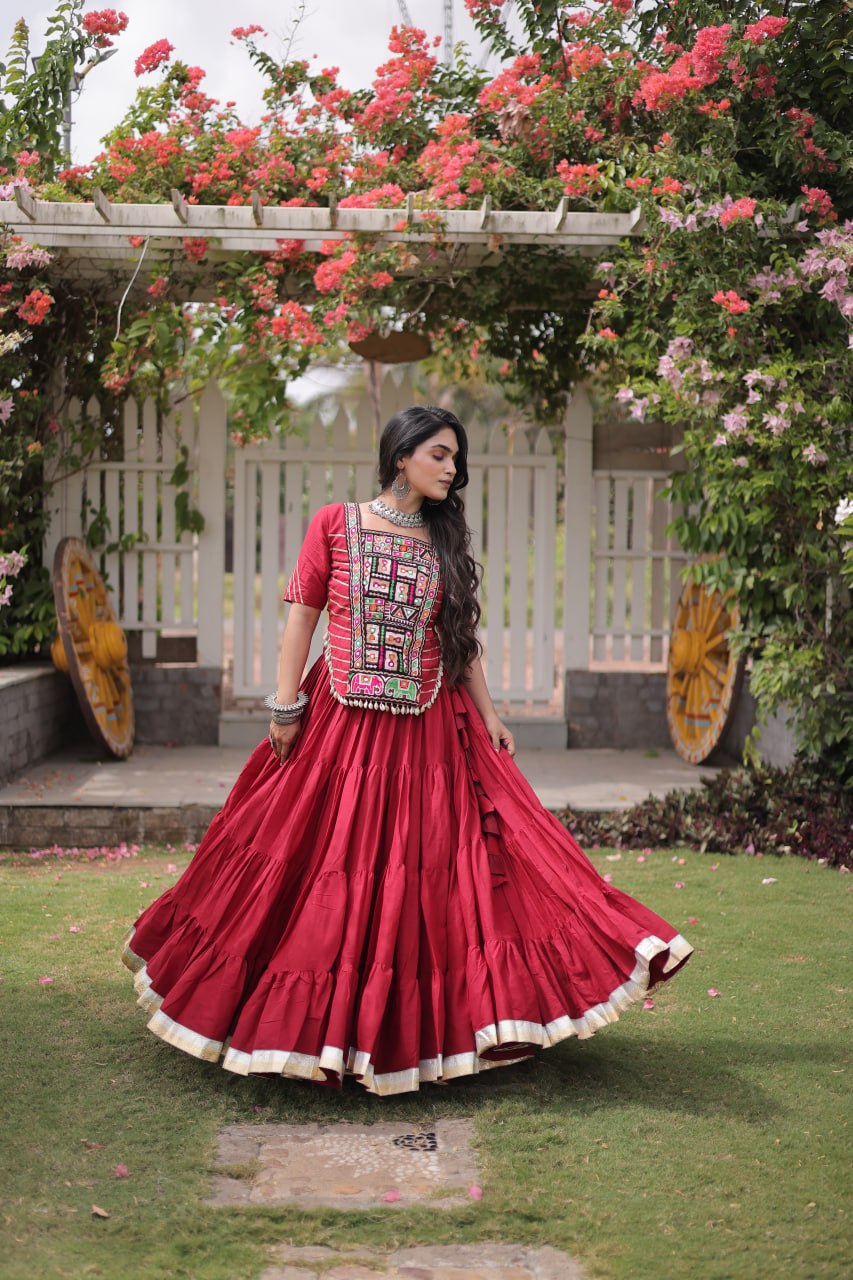 Red Kora Cotton Kutchi Work Lehenga Choli Set