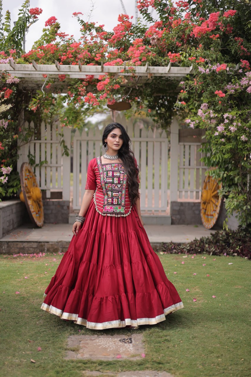 Red Kora Cotton Kutchi Work Lehenga Choli Set