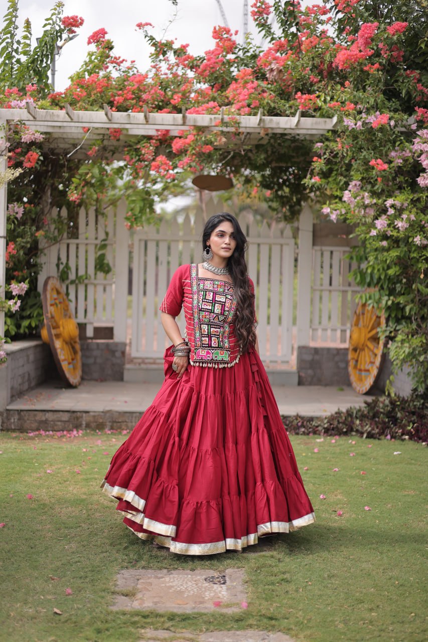 Red Kora Cotton Kutchi Work Lehenga Choli Set