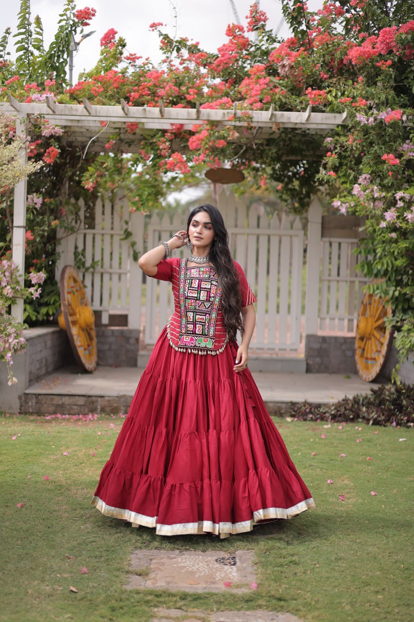 Red Kora Cotton Kutchi Work Lehenga Choli Set