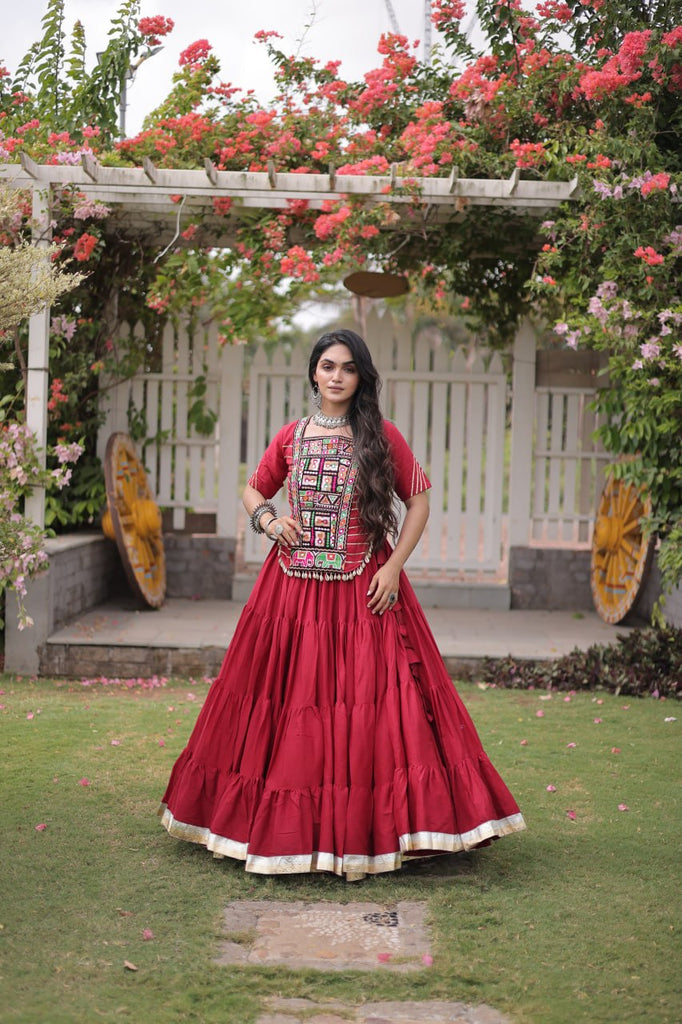Red Kora Cotton Kutchi Work Lehenga Choli Set