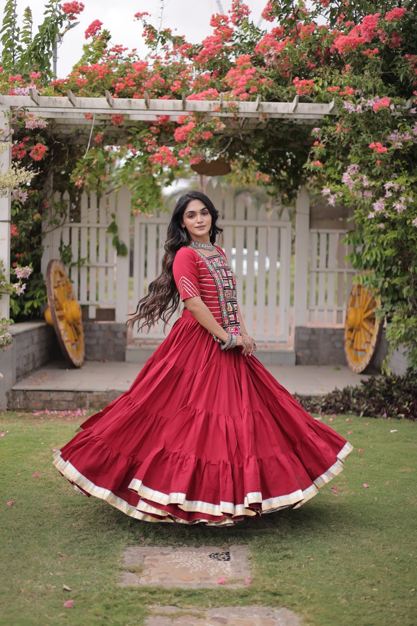 Red Kora Cotton Kutchi Work Lehenga Choli Set