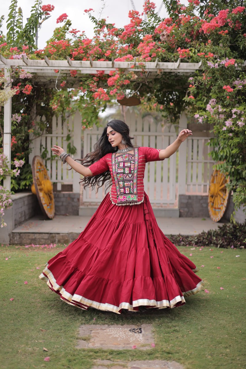 Red Kora Cotton Kutchi Work Lehenga Choli Set
