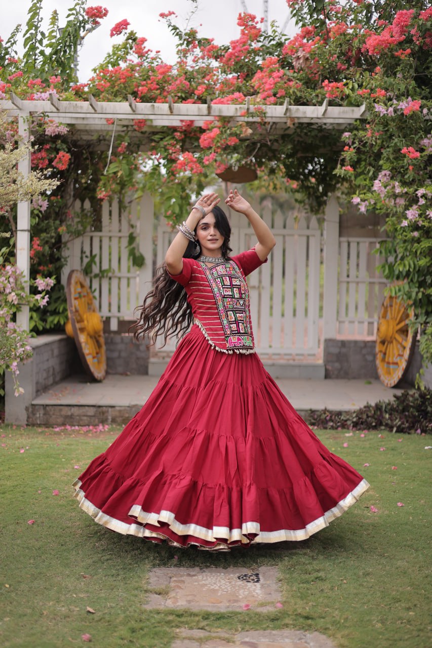 Red Kora Cotton Kutchi Work Lehenga Choli Set