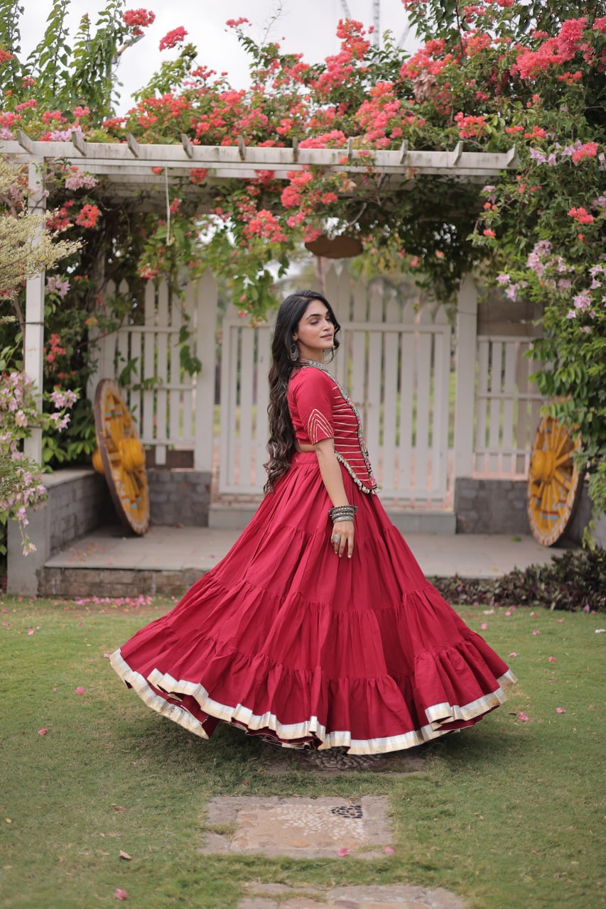 Red Kora Cotton Kutchi Work Lehenga Choli Set
