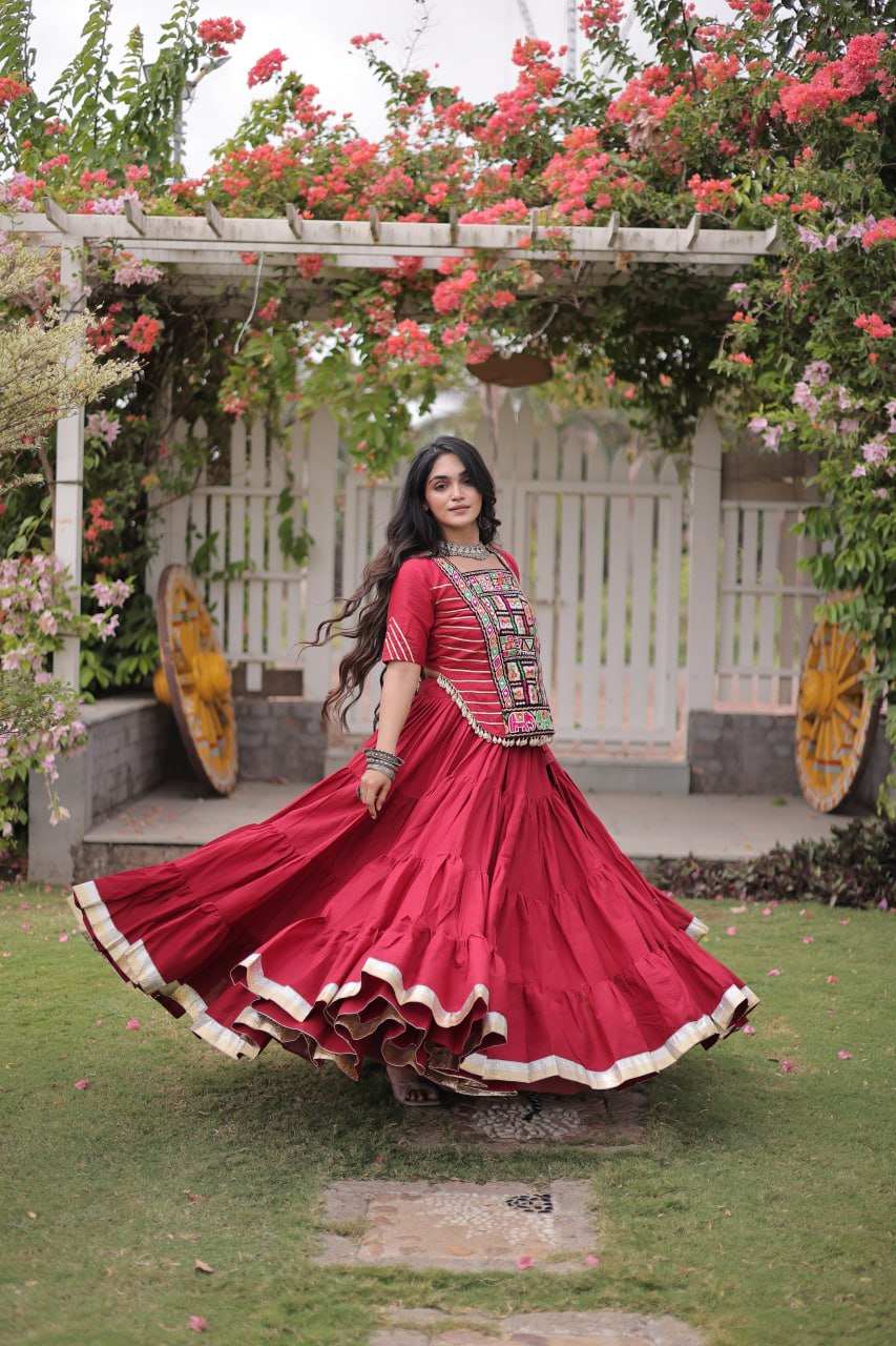 Red Kora Cotton Kutchi Work Lehenga Choli Set