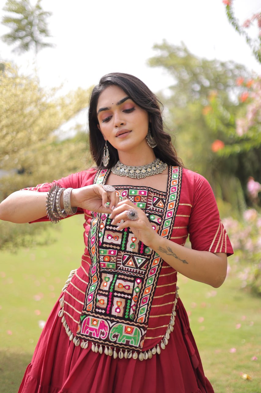 Red Kora Cotton Kutchi Work Lehenga Choli Set