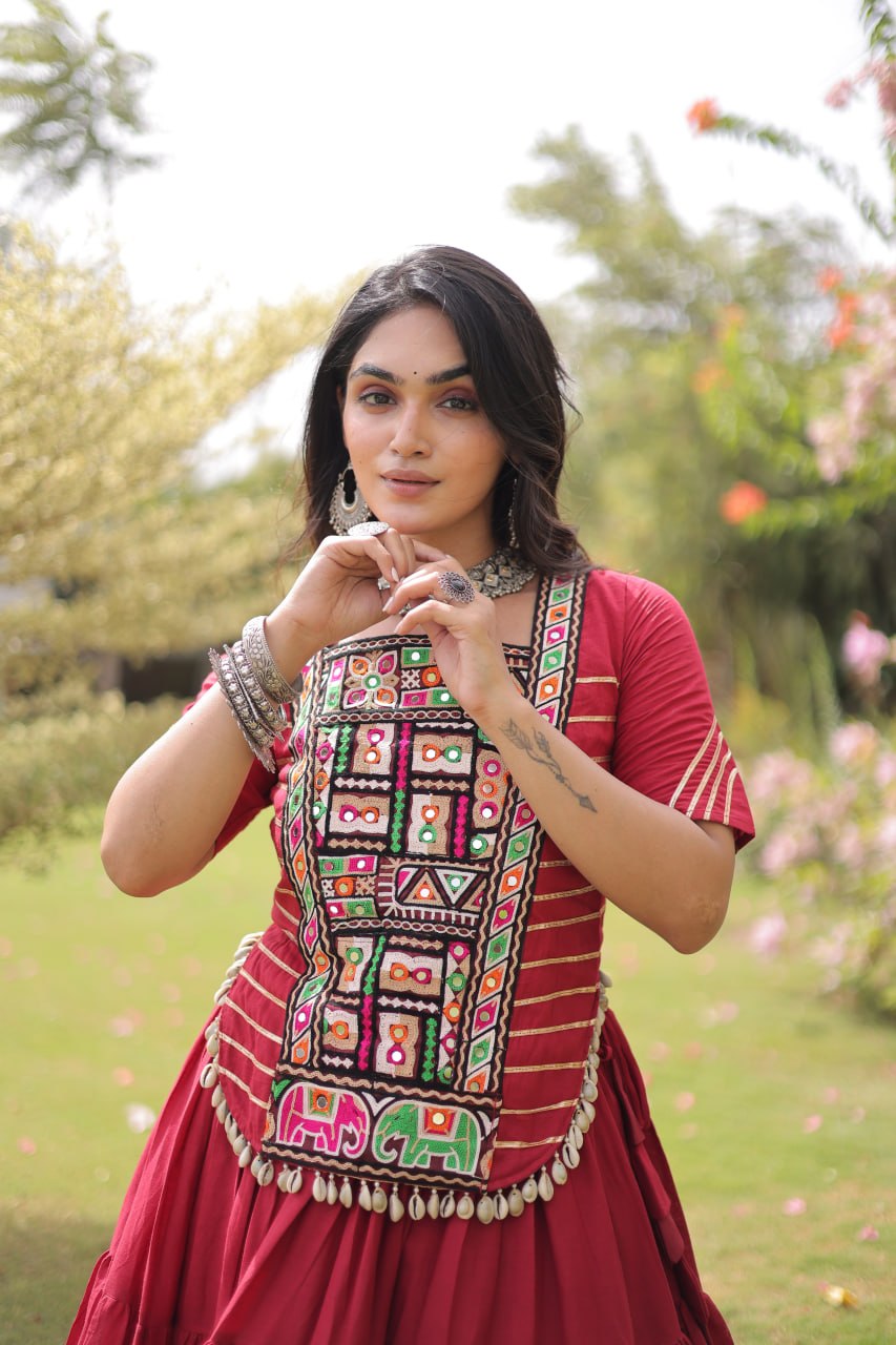 Red Kora Cotton Kutchi Work Lehenga Choli Set