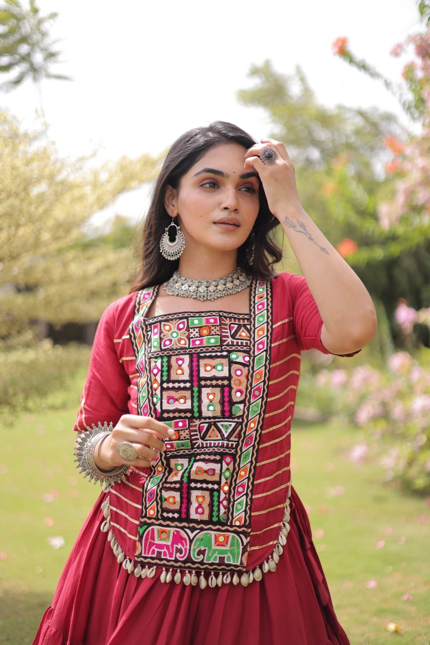 Red Kora Cotton Kutchi Work Lehenga Choli Set