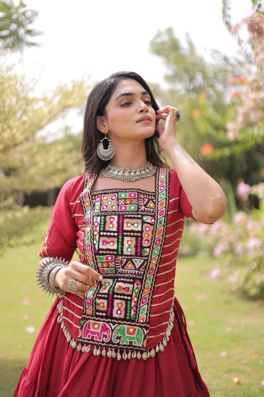 Red Kora Cotton Kutchi Work Lehenga Choli Set