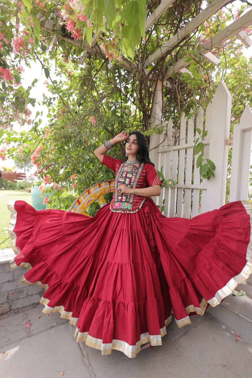 Red Kora Cotton Kutchi Work Lehenga Choli Set