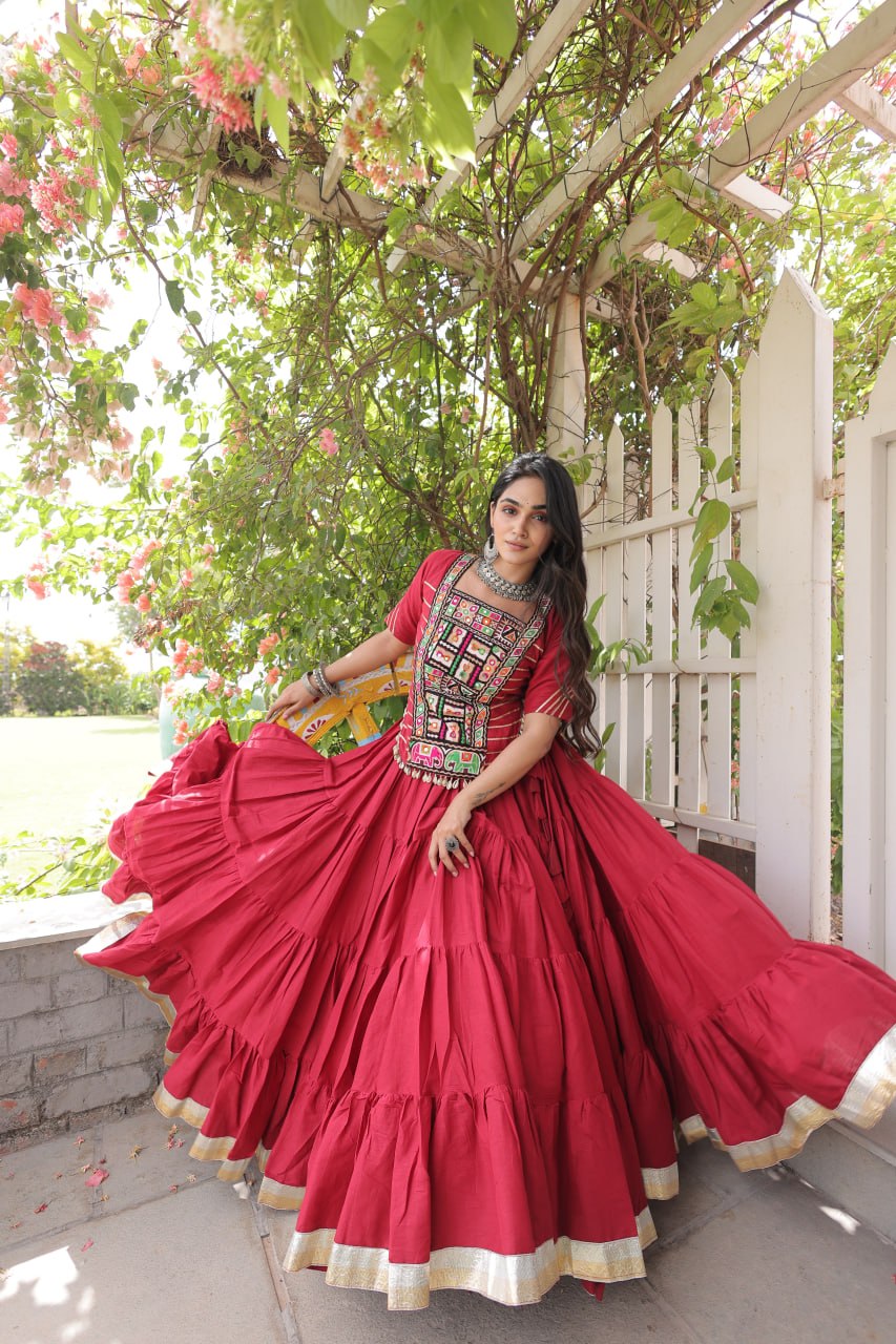 Red Kora Cotton Kutchi Work Lehenga Choli Set