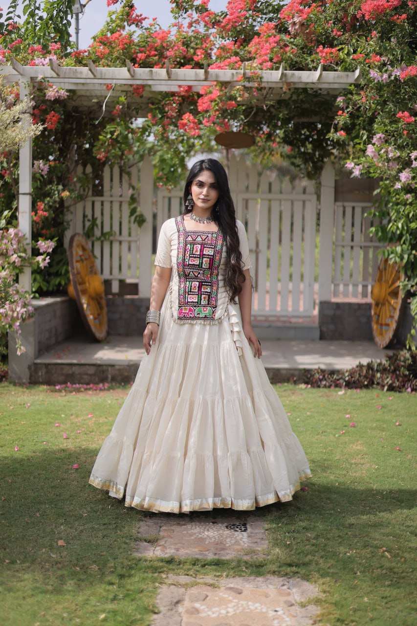 White Kora Cotton Kutchi Work Lehenga Choli Set