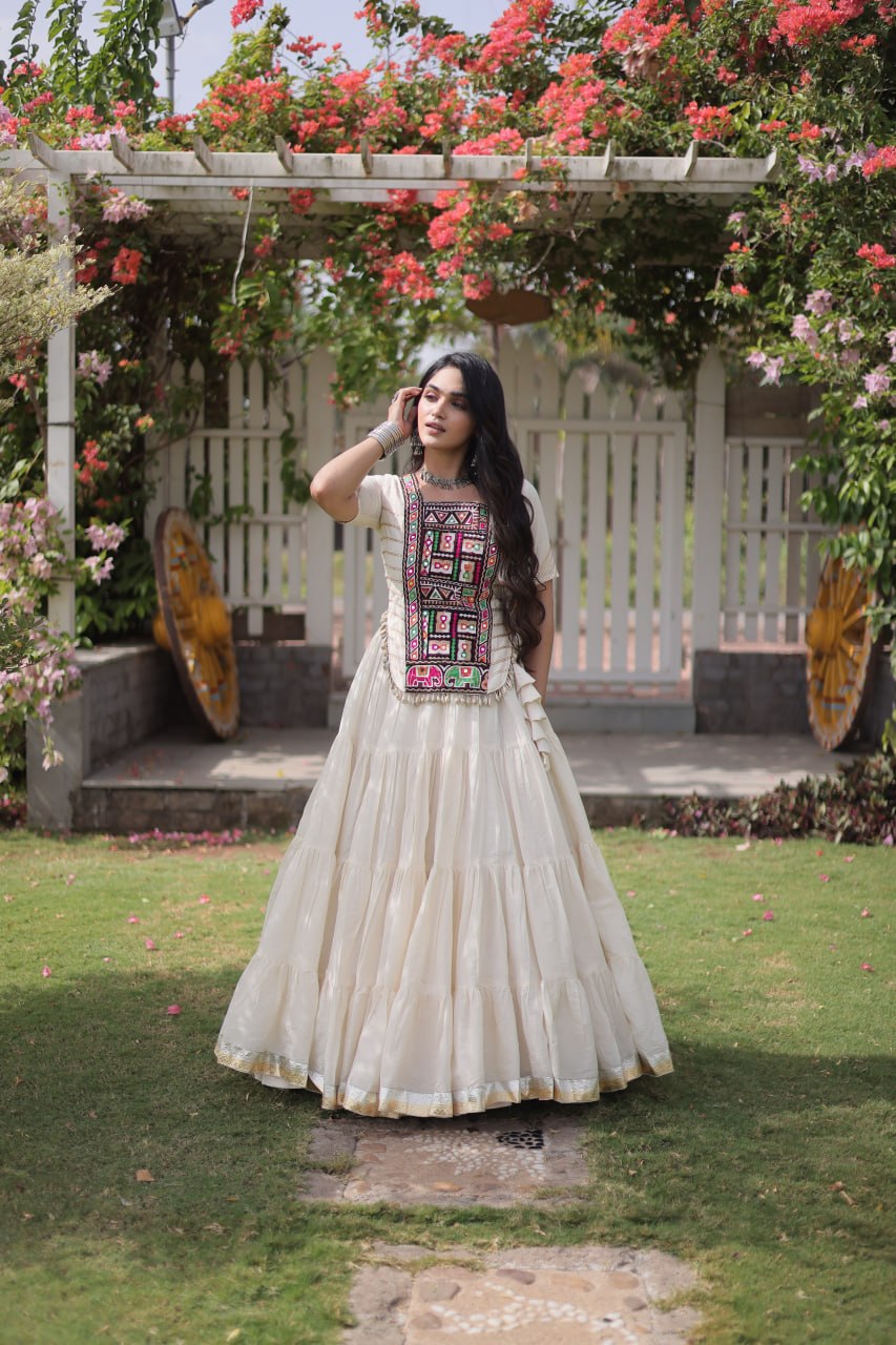 White Kora Cotton Kutchi Work Lehenga Choli Set