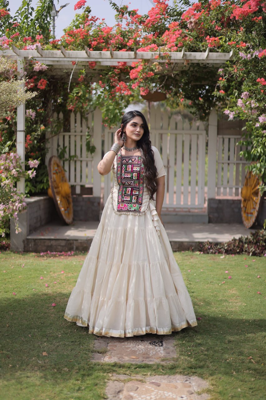 White Kora Cotton Kutchi Work Lehenga Choli Set