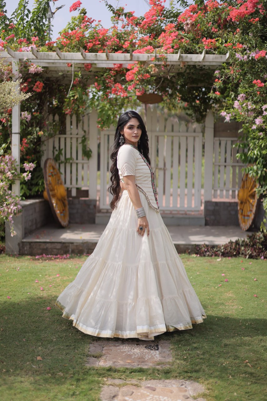 White Kora Cotton Kutchi Work Lehenga Choli Set