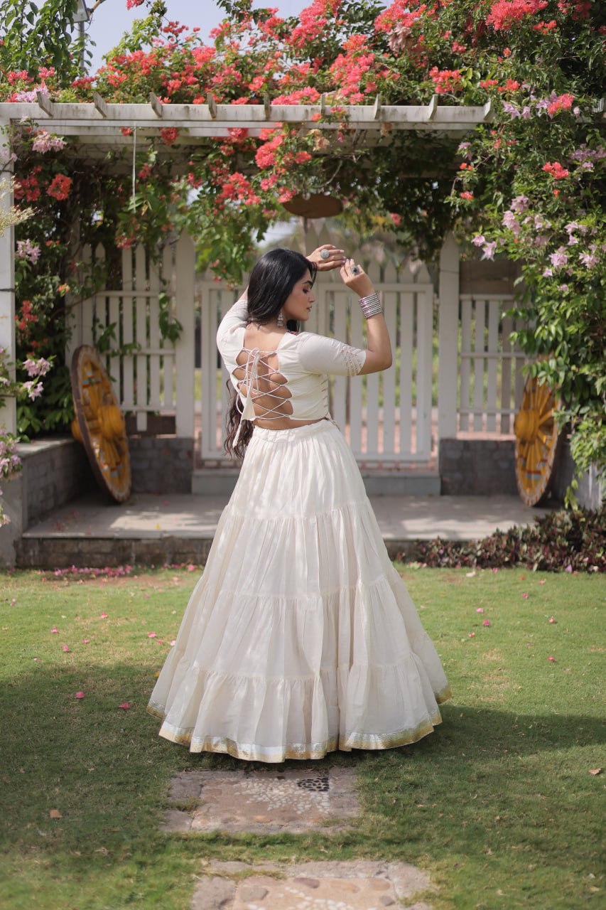 White Kora Cotton Kutchi Work Lehenga Choli Set