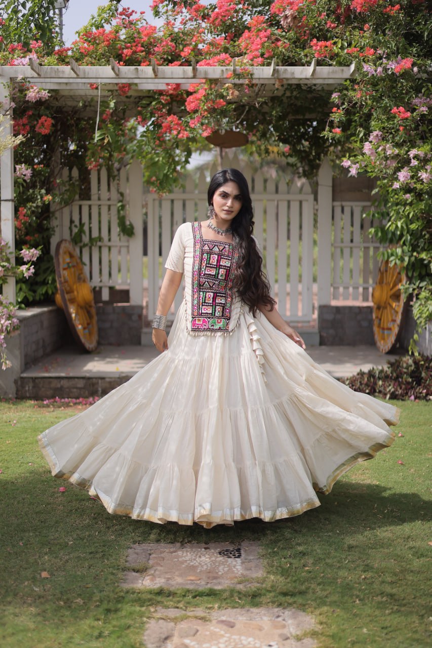 White Kora Cotton Kutchi Work Lehenga Choli Set
