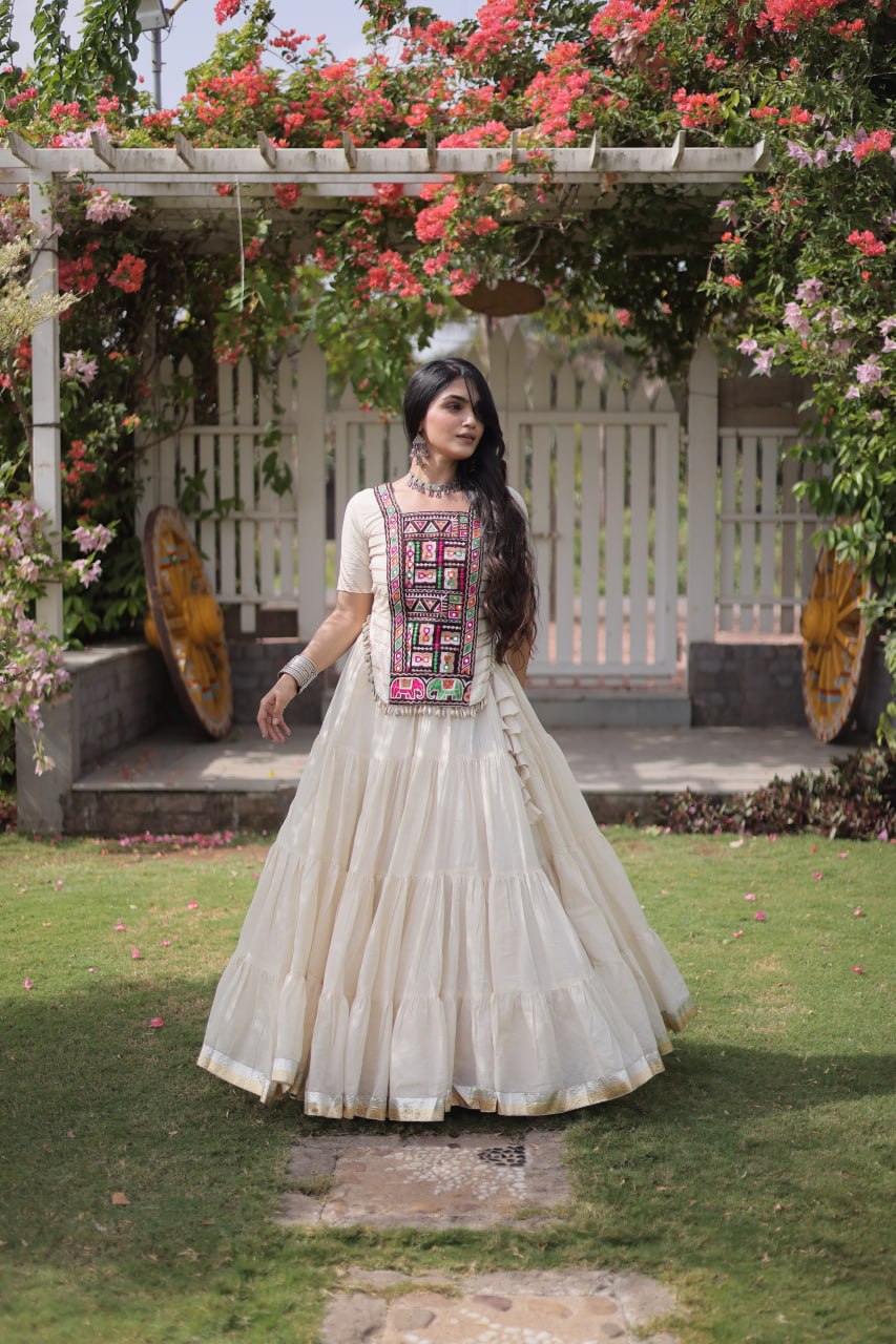 White Kora Cotton Kutchi Work Lehenga Choli Set