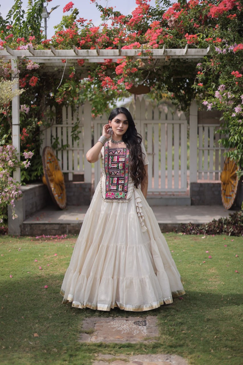 White Kora Cotton Kutchi Work Lehenga Choli Set