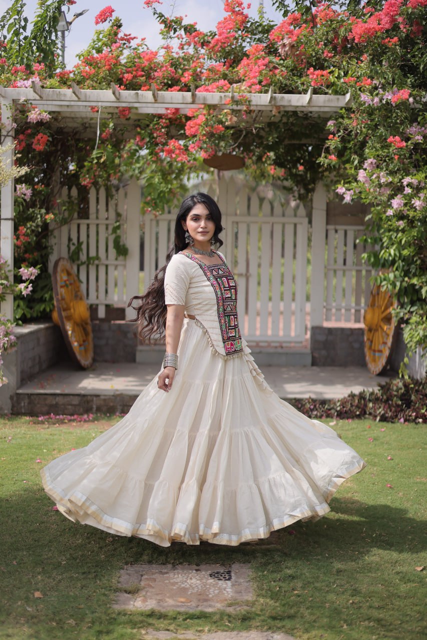 White Kora Cotton Kutchi Work Lehenga Choli Set