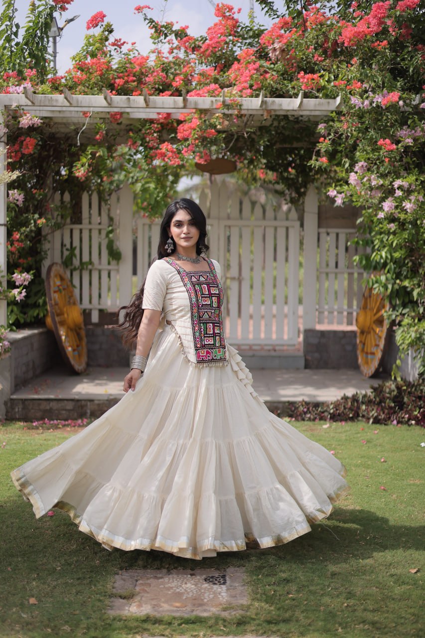 White Kora Cotton Kutchi Work Lehenga Choli Set