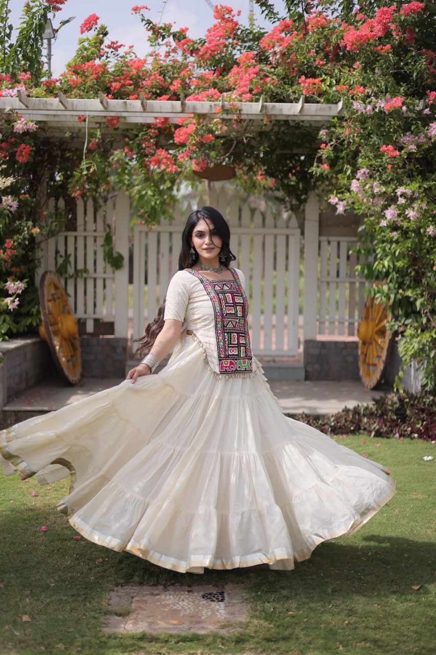 White Kora Cotton Kutchi Work Lehenga Choli Set