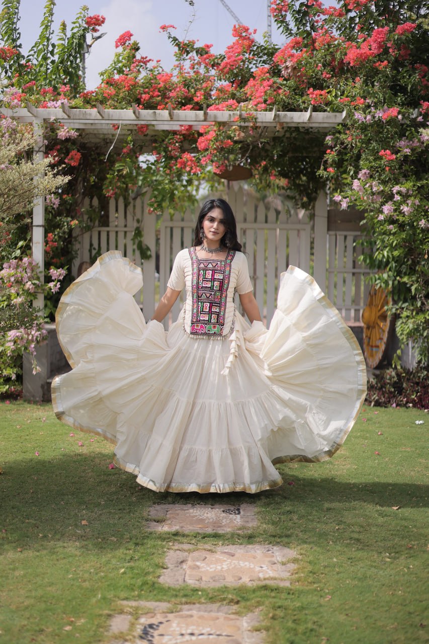 White Kora Cotton Kutchi Work Lehenga Choli Set