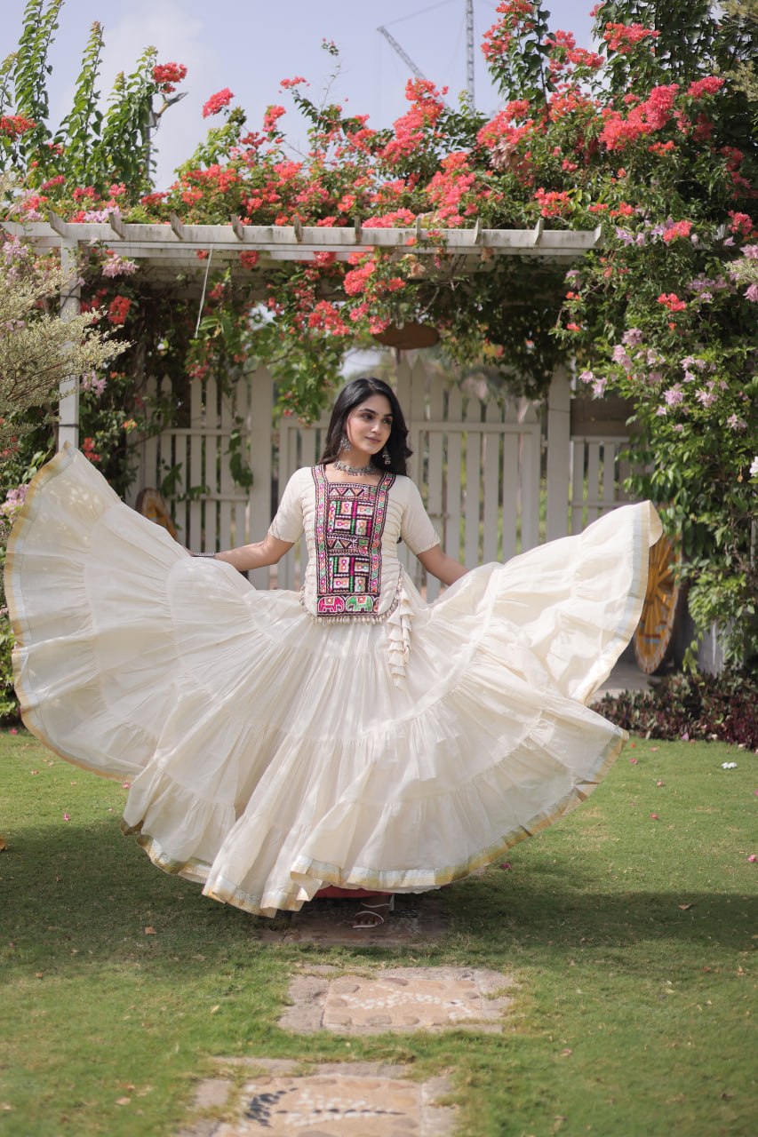 White Kora Cotton Kutchi Work Lehenga Choli Set