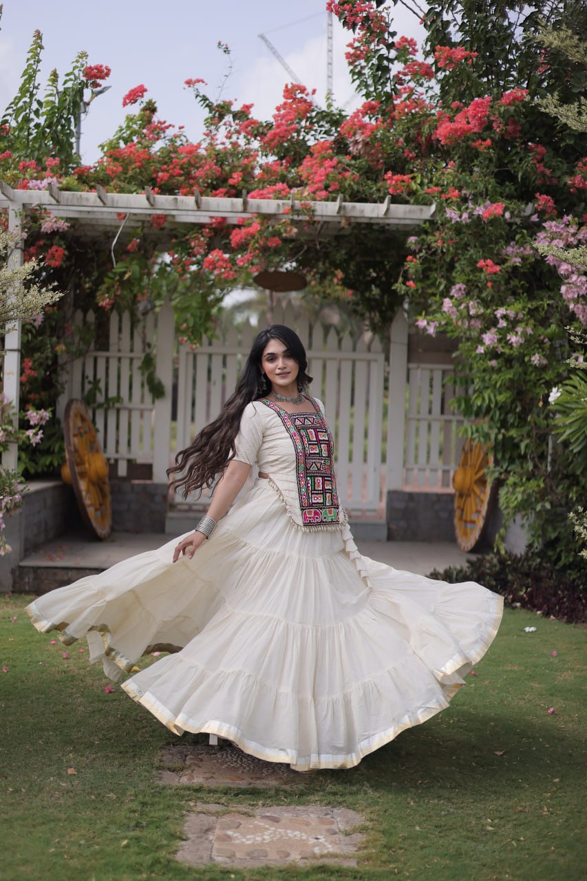 White Kora Cotton Kutchi Work Lehenga Choli Set