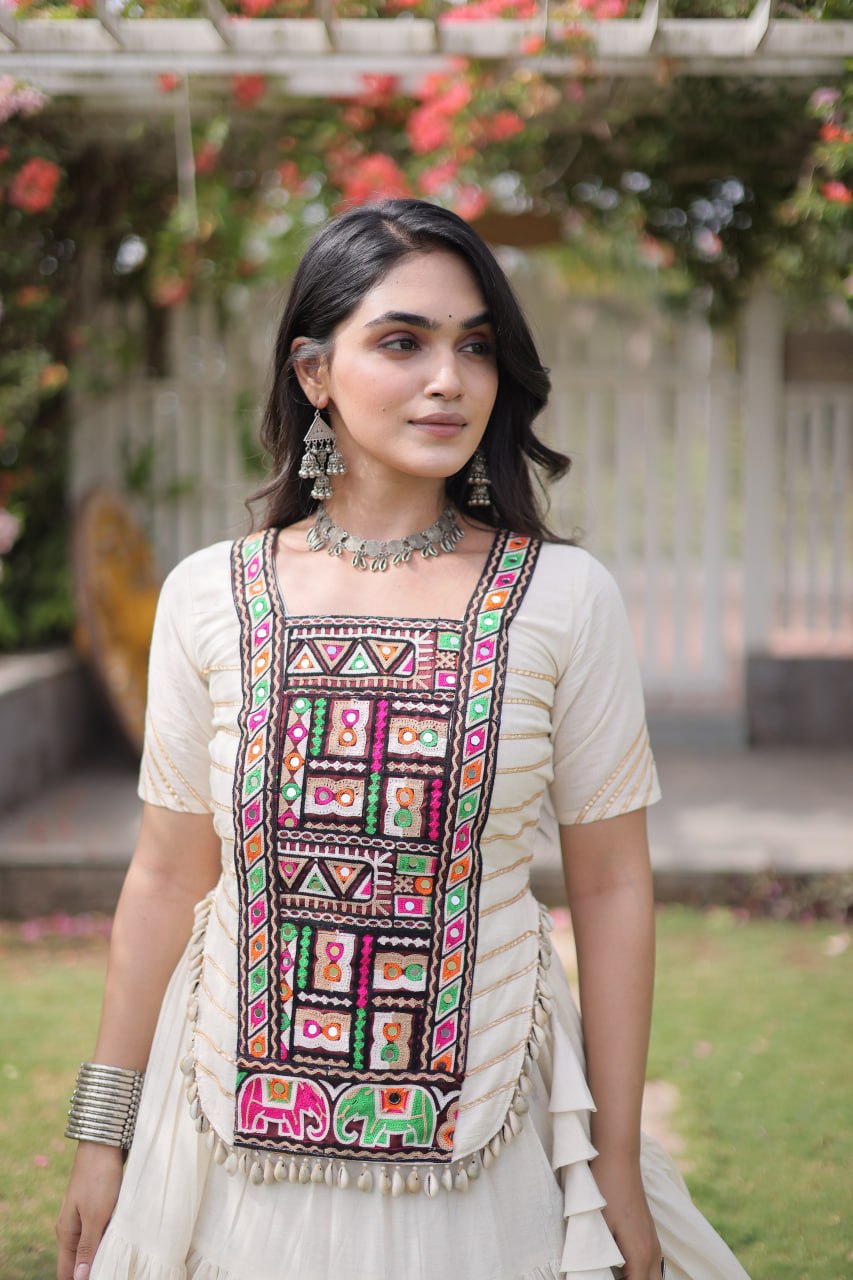 White Kora Cotton Kutchi Work Lehenga Choli Set