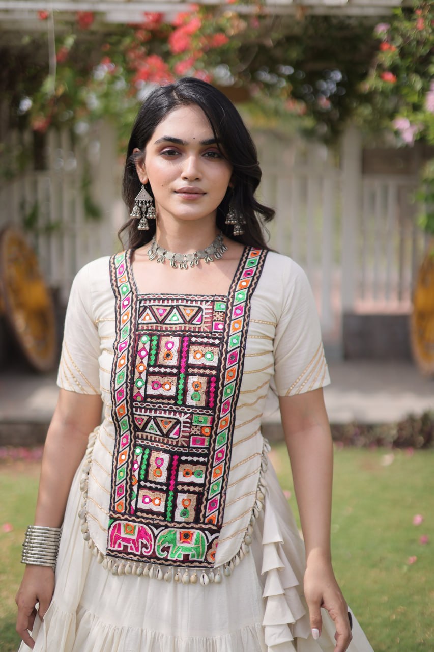 White Kora Cotton Kutchi Work Lehenga Choli Set