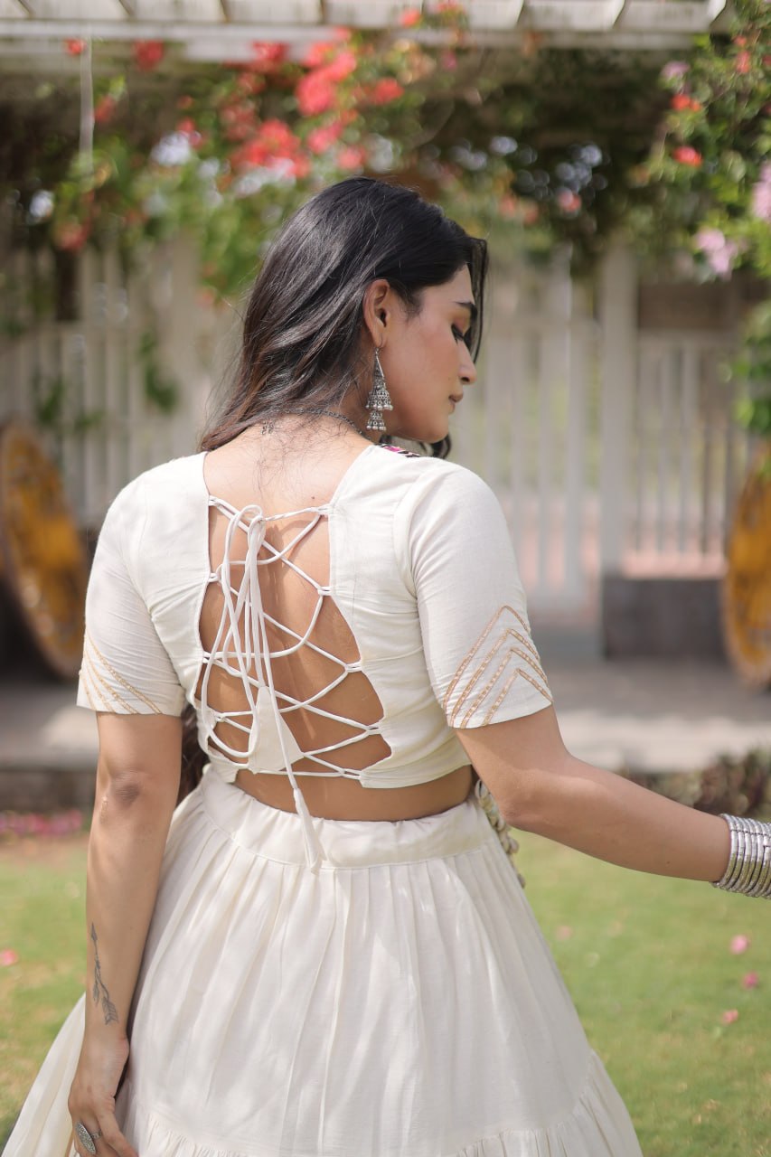 White Kora Cotton Kutchi Work Lehenga Choli Set