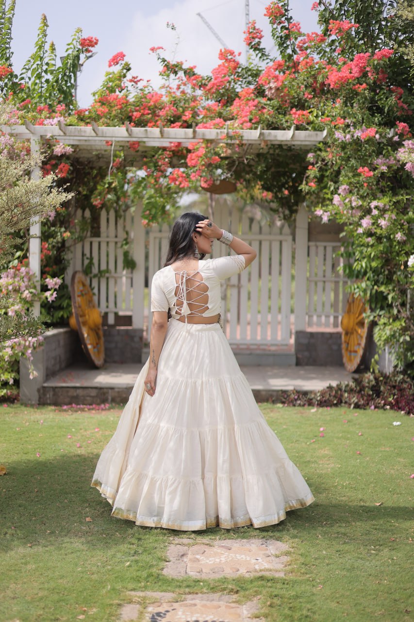 White Kora Cotton Kutchi Work Lehenga Choli Set