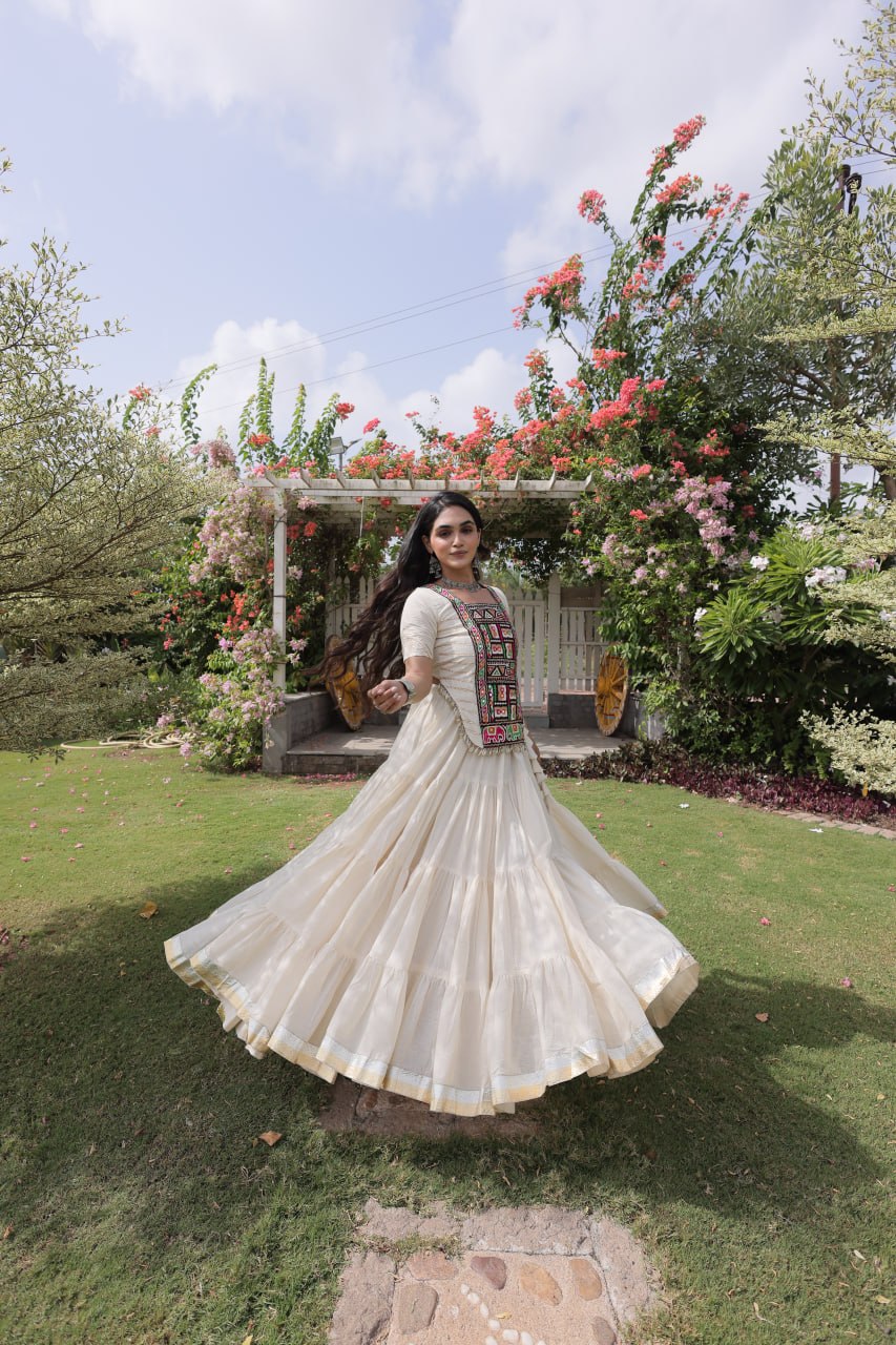 White Kora Cotton Kutchi Work Lehenga Choli Set